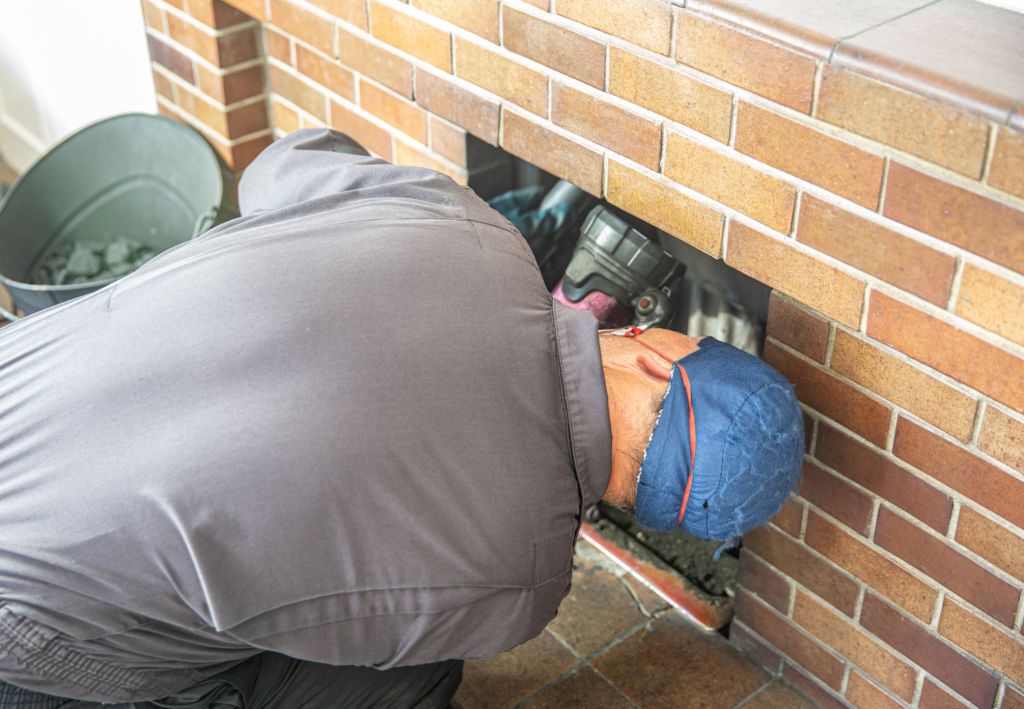 Technician examining a firebox interior during an inspection