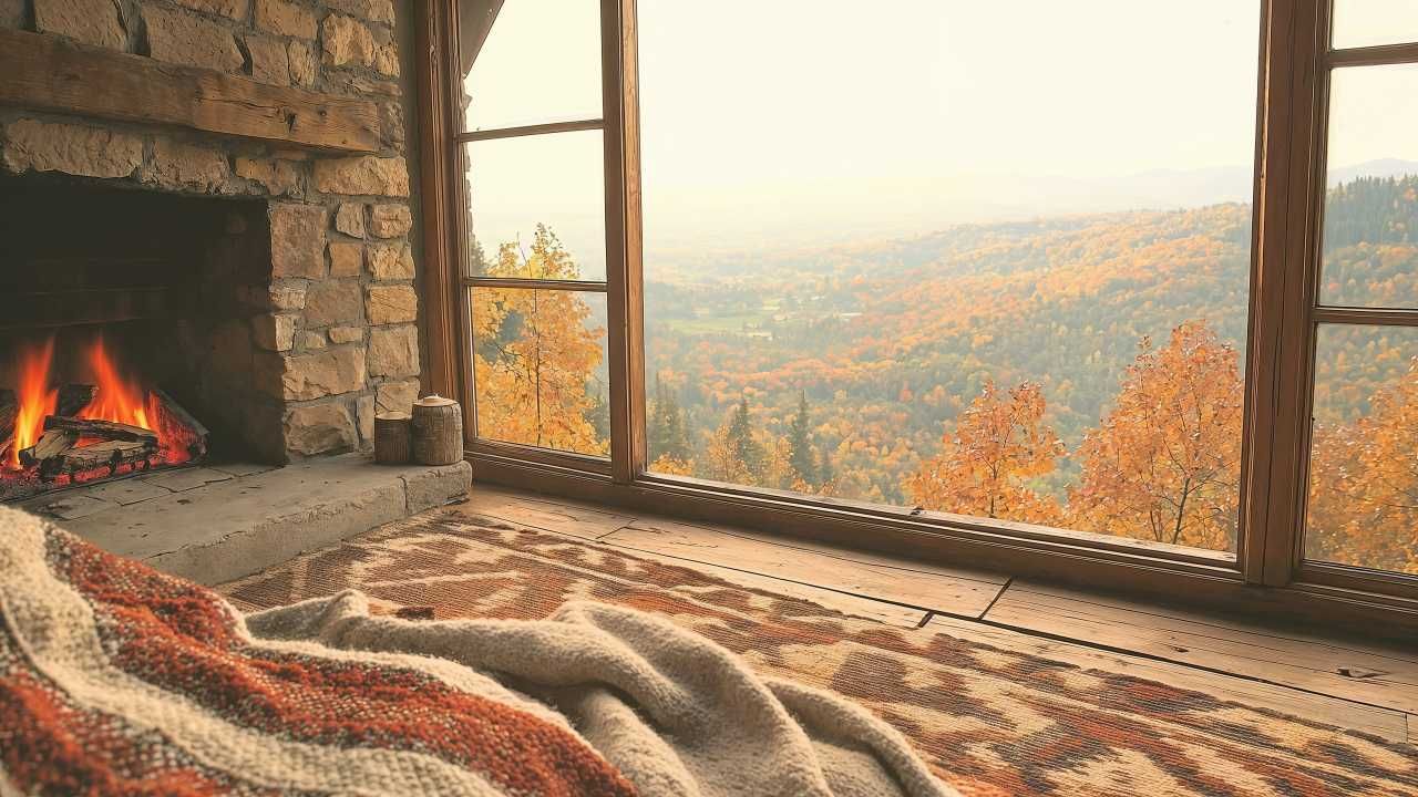 Stone hearth burning beside a picture window over a golden canyon