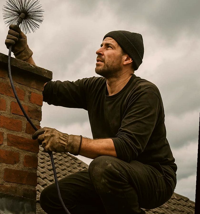 Sweep raising a flue brush at a chimney on a tile roof